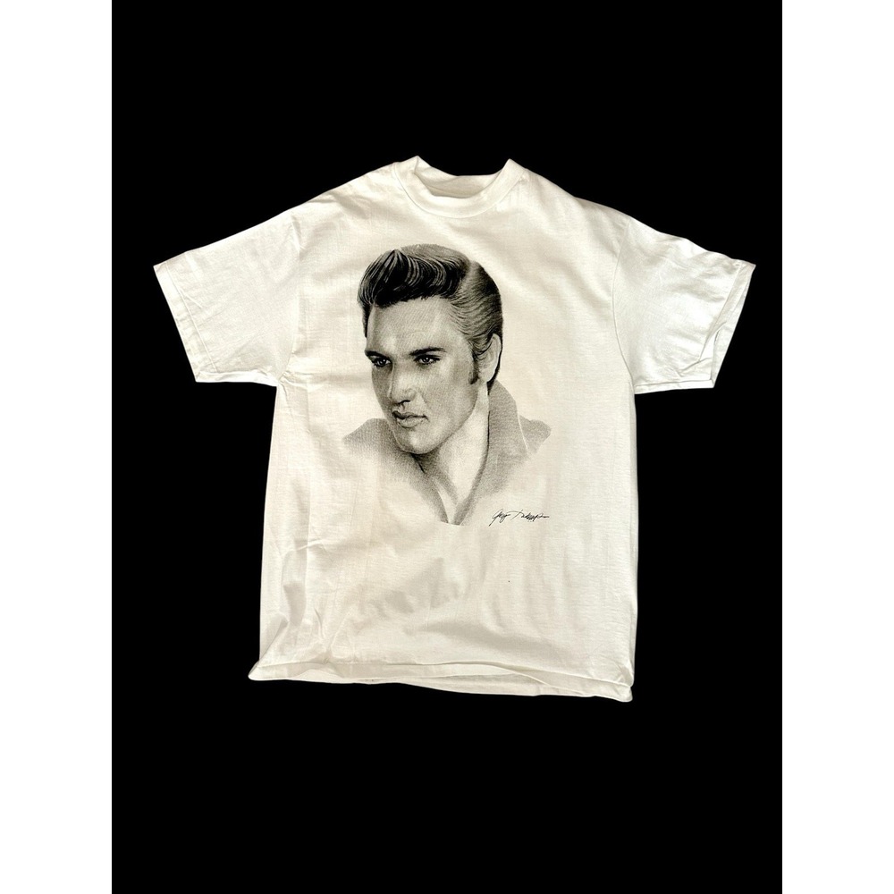 Vintage 90's Elvis Presley Art T Shirt Sz Large White Sketch‎